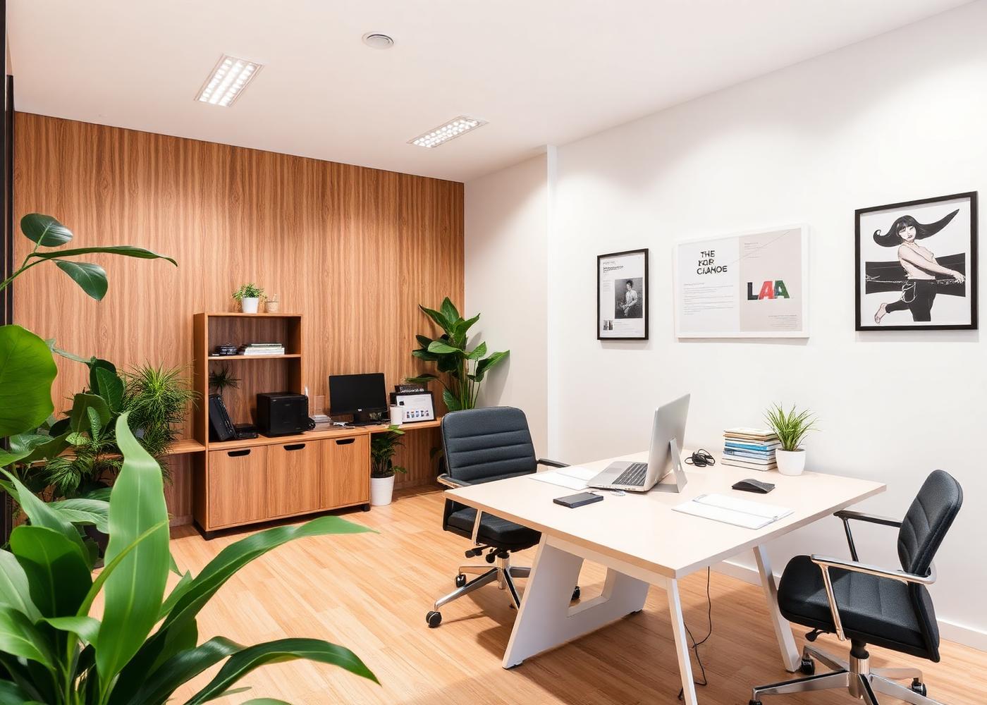 Escritório de contabilidade organizado, com mesa de atendimento e boa iluminação
